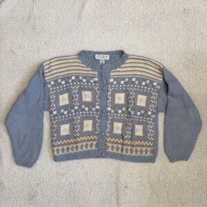 90s Vintage Cottagecore Grandma Geometric Knit Cardigan Sweater Ramie Cotton
